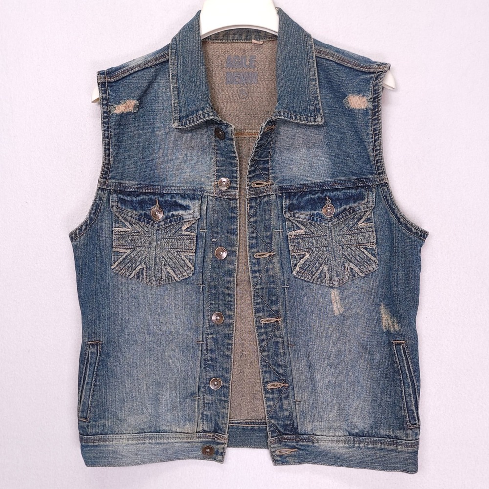 Agile Denim Womens Distressed Union Jack Flag Denim Vest Blue XL AVL-15815